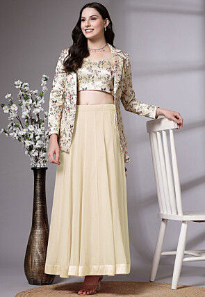 Embroidered Dupion Silk Crop Top Jacket Set in Beige and Beige