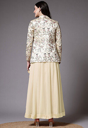 Embroidered Dupion Silk Crop Top Jacket Set in Beige and Beige