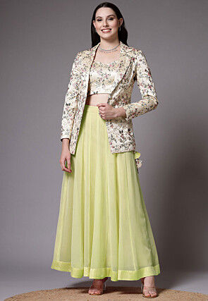 Embroidered Dupion Silk Crop Top Jacket Set in Light Green and Beige