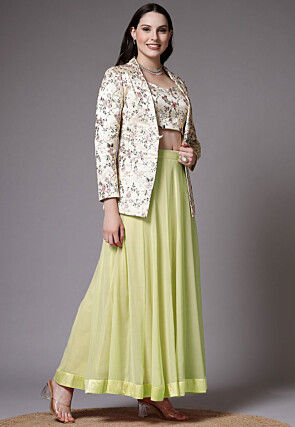 Embroidered Dupion Silk Crop Top Jacket Set in Light Green and Beige