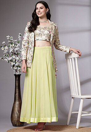 Embroidered Dupion Silk Crop Top Jacket Set in Light Green and Beige
