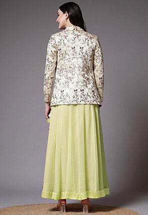 Embroidered Dupion Silk Crop Top Jacket Set in Light Green and Beige