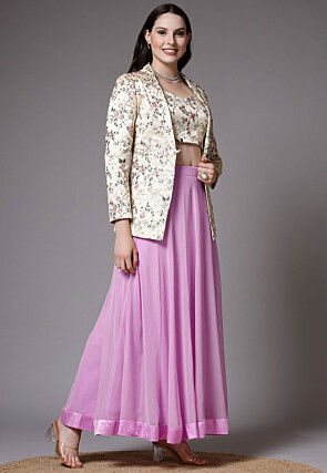 Embroidered Dupion Silk Crop Top Jacket Set in Light Purple and Beige