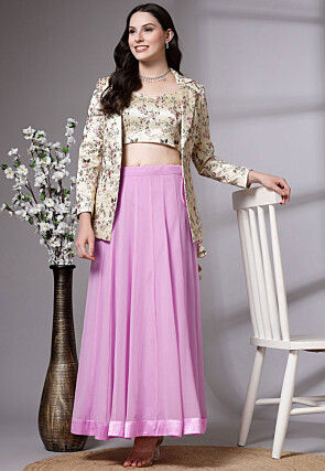 Embroidered Dupion Silk Crop Top Jacket Set in Light Purple and Beige