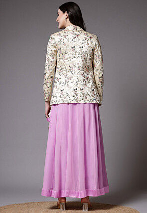 Embroidered Dupion Silk Crop Top Jacket Set in Light Purple and Beige