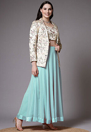 Embroidered Dupion Silk Crop Top Jacket Set in Sky Blue and Beige