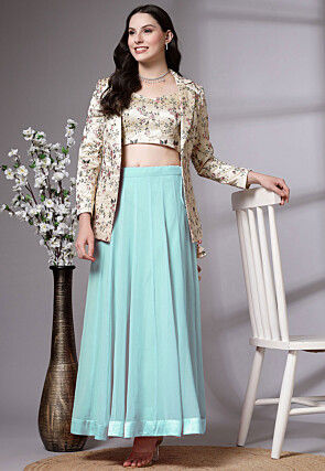 Embroidered Dupion Silk Crop Top Jacket Set in Sky Blue and Beige
