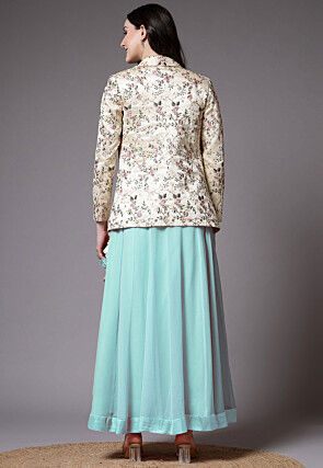 Embroidered Dupion Silk Crop Top Jacket Set in Sky Blue and Beige