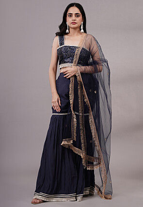 Embroidered Dupion Silk Crop Top Set in Navy Blue