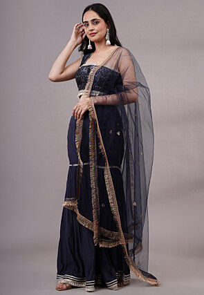 Embroidered Dupion Silk Crop Top Set in Navy Blue