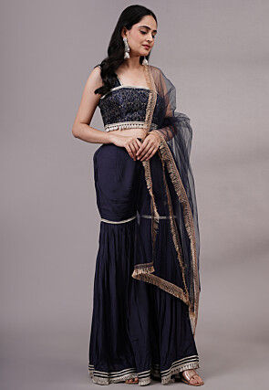 Embroidered Dupion Silk Crop Top Set in Navy Blue