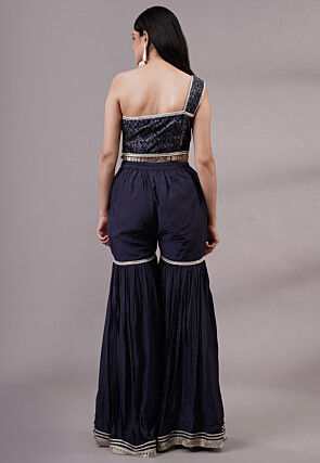 Embroidered Dupion Silk Crop Top Set in Navy Blue