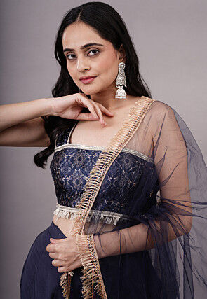 Embroidered Dupion Silk Crop Top Set in Navy Blue