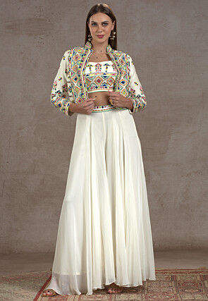 Embroidered Dupion Silk Crop Top Set in Off White