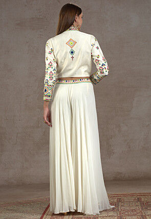 Embroidered Dupion Silk Crop Top Set in Off White