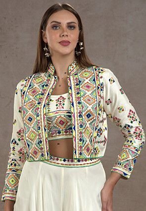 Embroidered Dupion Silk Crop Top Set in Off White