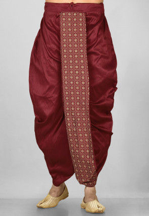 Embroidered Dupion Silk Dhoti in Maroon