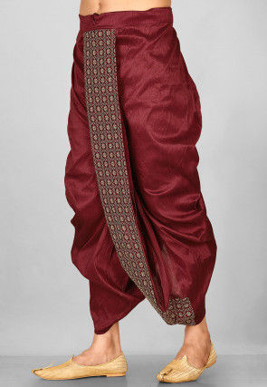 Embroidered Dupion Silk Dhoti in Maroon