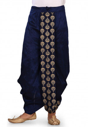 Embroidered Dupion Silk Dhoti in Navy Blue