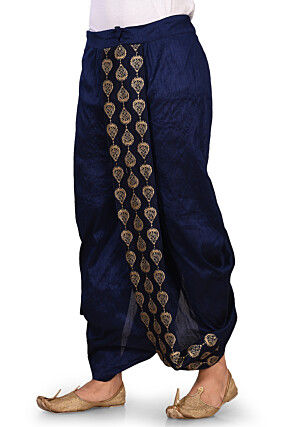 Embroidered Dupion Silk Dhoti in Navy Blue