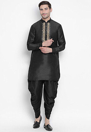 Embroidered Dupion Silk Dhoti Kurta in Black