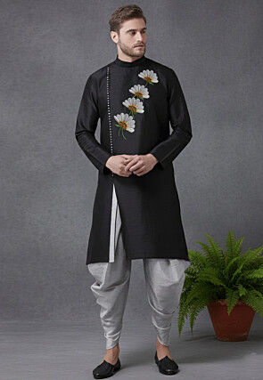 Embroidered Dupion Silk Kurta Set in Black