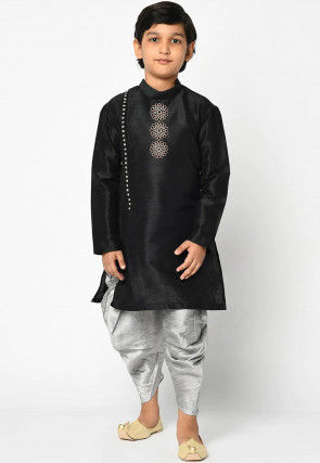 Embroidered Dupion Silk Dhoti Kurta in Black