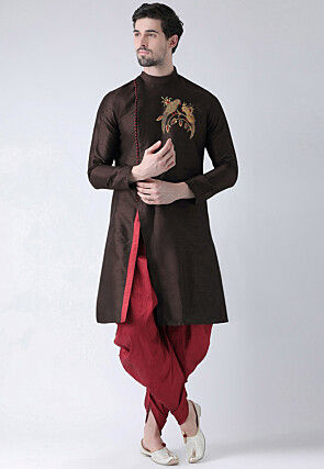 Embroidered Dupion Silk Dhoti Kurta in Dark Brown