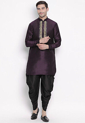 Embroidered Dupion Silk Dhoti Kurta in Dark Violet