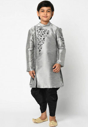 Embroidered Dupion Silk Dhoti Kurta in Grey