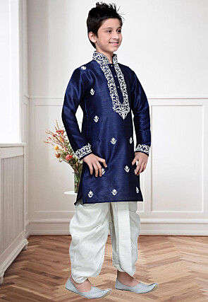 Embroidered Dupion Silk Dhoti Kurta in Navy Blue