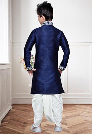 Embroidered Dupion Silk Dhoti Kurta in Navy Blue