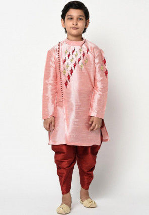 Embroidered Dupion Silk Dhoti Kurta in Pink