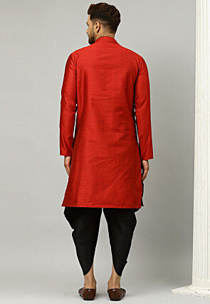Embroidered Dupion Silk Dhoti Kurta in Red
