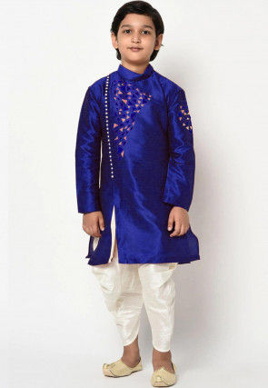 Embroidered Dupion Silk Dhoti Kurta in Royal Blue