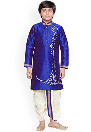 Embroidered Dupion Silk Dhoti Kurta in Royal Blue