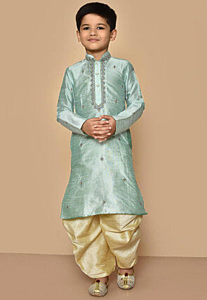 Embroidered Dupion Silk Dhoti Kurta in Sea Green