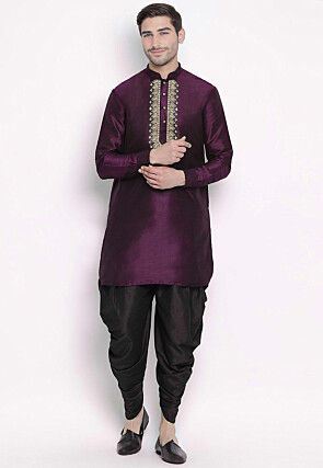 Embroidered Dupion Silk Dhoti Kurta in Violet