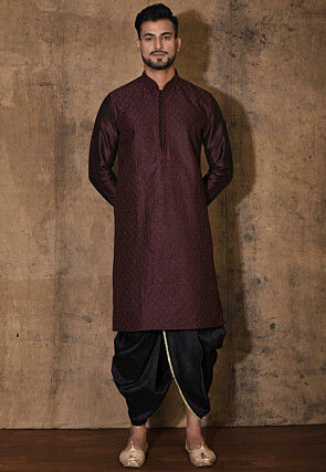 Embroidered Dupion Silk Dhoti Kurta in Wine