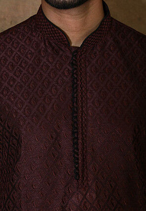 Embroidered Dupion Silk Dhoti Kurta in Wine