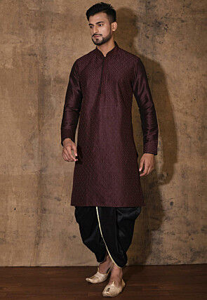 Embroidered Dupion Silk Dhoti Kurta in Wine