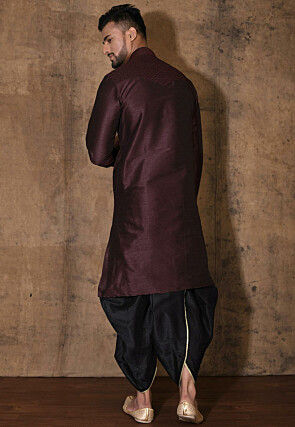 Embroidered Dupion Silk Dhoti Kurta in Wine
