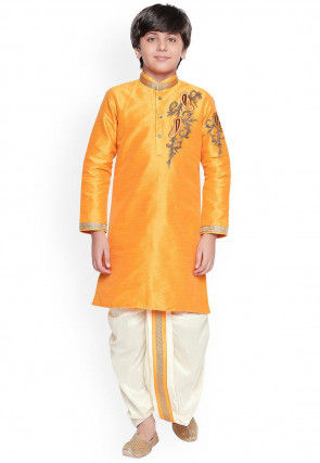 Embroidered Dupion Silk Dhoti Kurta in Orange