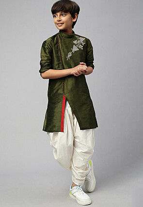 Embroidered Dupion Silk Dhoti Kurta Set in Olive Green