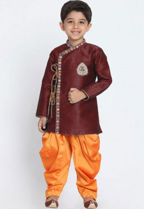 Embroidered Dupion Silk Dhoti Sherwani in Maroon