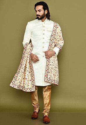 Embroidered Dupion Silk Dupatta in Beige