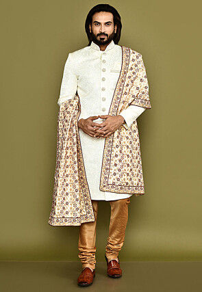 Embroidered Dupion Silk Dupatta in Beige