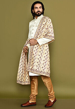 Embroidered Dupion Silk Dupatta in Beige