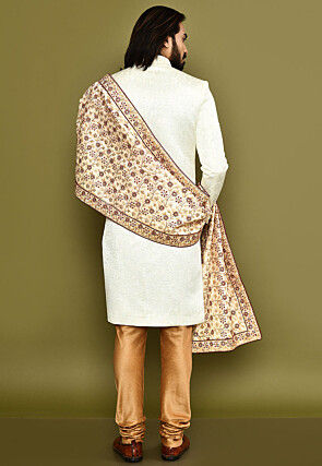 Embroidered Dupion Silk Dupatta in Beige