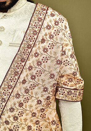 Embroidered Dupion Silk Dupatta in Beige